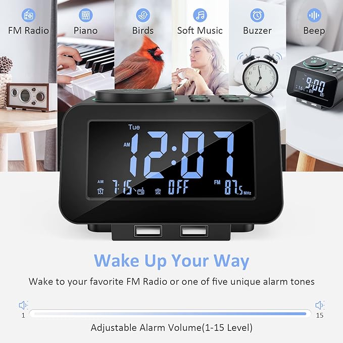 uscce Digital Dual Alarm Clock Radio - 0-100% Dimmer with Weekday/Weekend Mode, 6 Sounds Adjustable Volume, FM Radio w/Sleep Timer, Snooze, 2 USB Charging Ports, Thermometer, Battery Backup