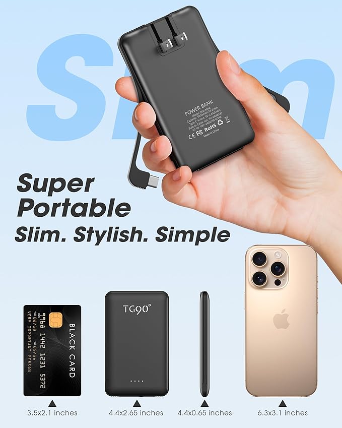 TG90° Portable Charger Power Bank,5000mAh Small Battery Pack with Built-in Foldable AC Wall Plug and Cables, Mini Battery Charger Compatible with iPhone 16 15 14 13 12 Samsung Google iPad etc