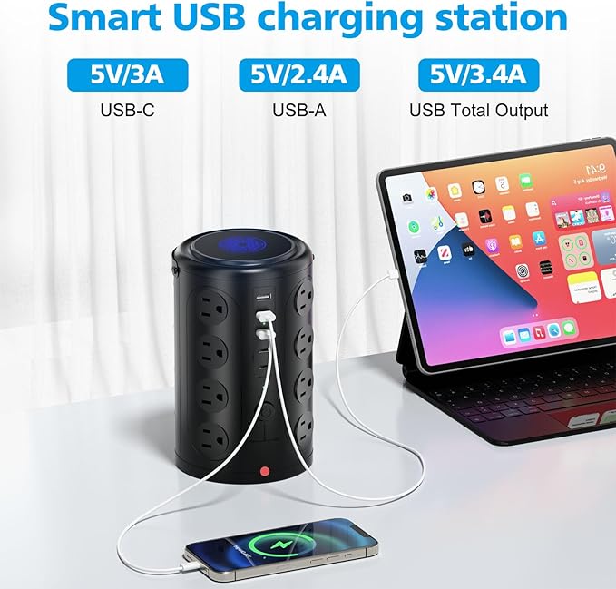 Tower Power Strip with 15W Wireless Charger, 20FT Extension Cord with Multiple Outlets, 16 AC Outlets & 5 USB (2 USB C) Charging Station Surge Protector for Office Home Dorm Room (Black)
