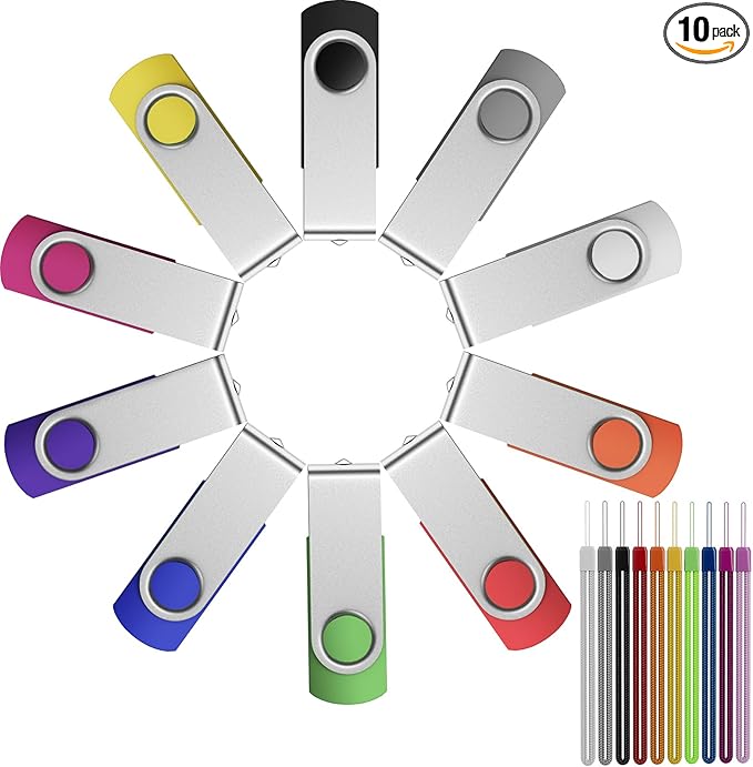 FEBNISCTE Memory Stick 1GB USB Flash Drive Bulk 10 Pack - Bulk 1 GB USB 2.0 Stick Pendrive Multi-Coloured Thumb Drive - Swivel USB-Key Value Data Storage Jump Drive with 10pcs Ropes
