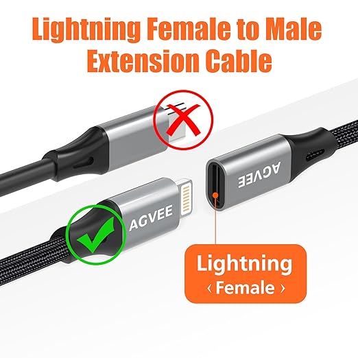 AGVEE 6.6ft Lightning Extension Cable, Braided Female to Male Extender Full Function Cord Compatible with iPhone iPad, Data Sync Video Audio & Charging Connector Adapter, Dark Gray