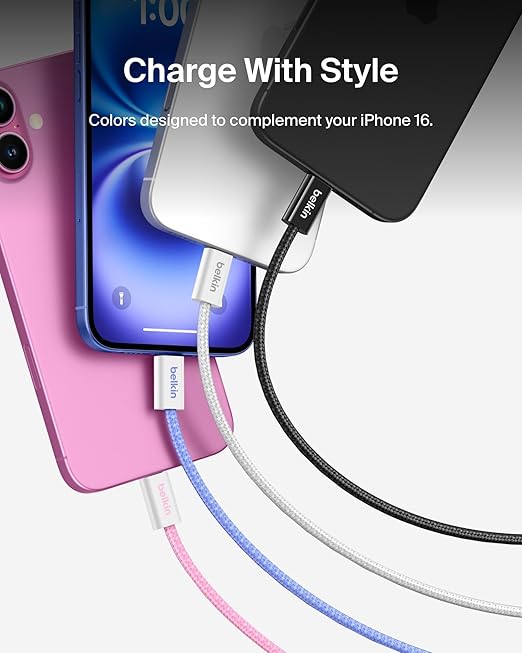 Belkin USB C to USB C Cable 2-Pack, 9.9ft, 60W - Type C Charger, iPhone Charger Cord, Soft, Braided, Flexible for iPhone 16, Galaxy S25, Pixel 9, Airpods, iPad Pro & More, Travel Essentials - Pink