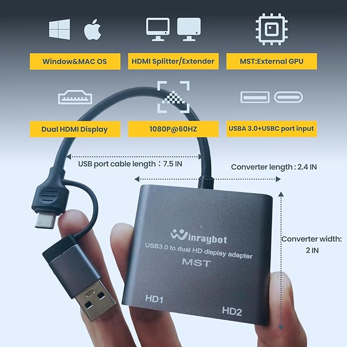 USB to HDMI Adapter for 2 Monitors-USB3.0 to Dual hdmi for 3 Monitors-USB to HDMI with Two HD Displau Supports Mac & Windows/Dual HDMI Extender -External Video & Graphics Card Adapter