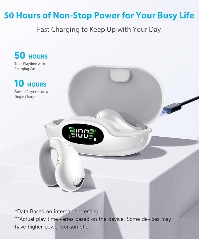 Ultra Open-Ear-Earbuds Wireless Bluetooth - Ergonomic Clip-On Earbuds, Bone Conduction Over-The-Ear Headphones with Waterproof Design and Secure Fit for Small Ears, Elegant White