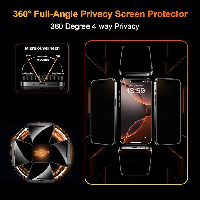 OneFish 2 Pack Privacy Screen Protector for iPhone 16 Pro Max - 4-Way 360° Anti-Spy, 9H Hardness, 3D Curved Edges, Case-Friendly & Easy Installation