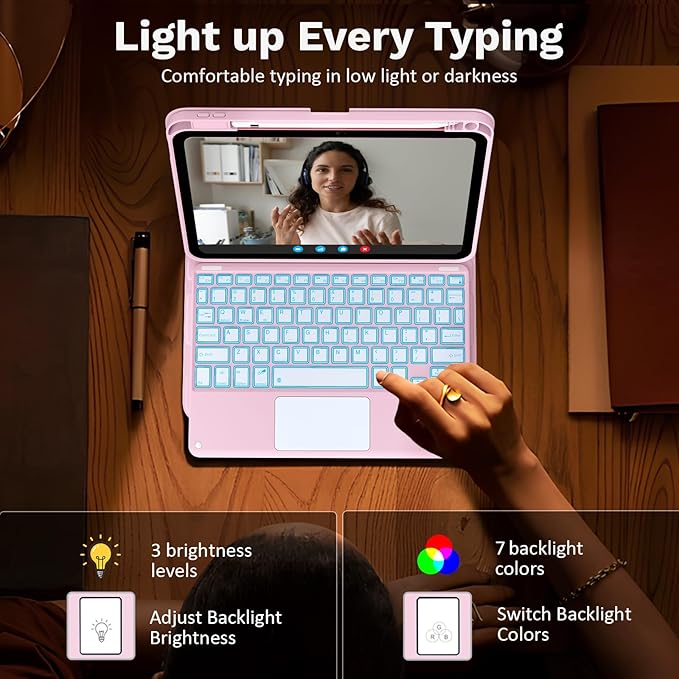 MoKo Touch Keyboard Case for iPad (A16) 11th Generation 11 inch 2025, iPad 10th Generation 10.9 inch Case with Pencil Holder, 7 Colors Backlit Multi-TrackPad Detachable Bluetooth Keyboard, Pink Marble