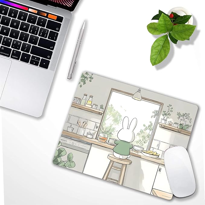 Cute Cartoon Anime Rabbit Custom Mouse Pad with Non-Slip Rubber, Small Square Design for Wireless Laptop & Computer Mouse Pads for Desk, 9.5 x 7.9 inch Smooth Surface for Gaming & Office