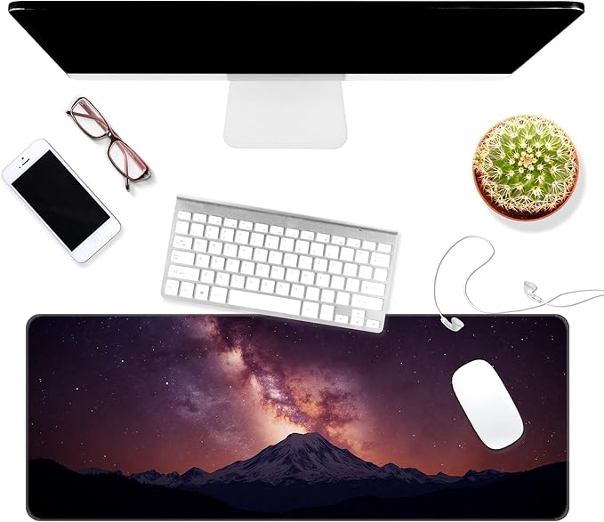 Dynippy Thin Extended Gaming Mouse Pad （31.5 * 11.8 * 0.08 inch） with Stitched Edges Large Mousepad Long XXL Keyboard and Mouse pad Desk Mat for Gaming Office & Home - Mountain Under The Starry Sky