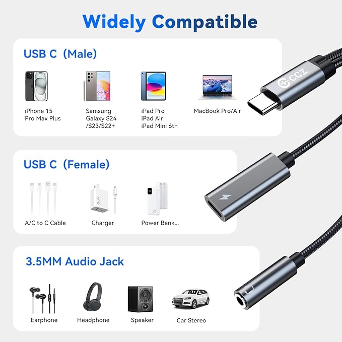 3PCS USB C Splitter for KZ ZS10 PRO, CCZ CA01 USB C to 3.5mm Audio Headphone and Charger Adapter, Type C Headphone Splitter 1 in 2 Out, Dongle Audio Cable DAC for Samsung Galaxy S25/S24 (USBC-3.5MM)