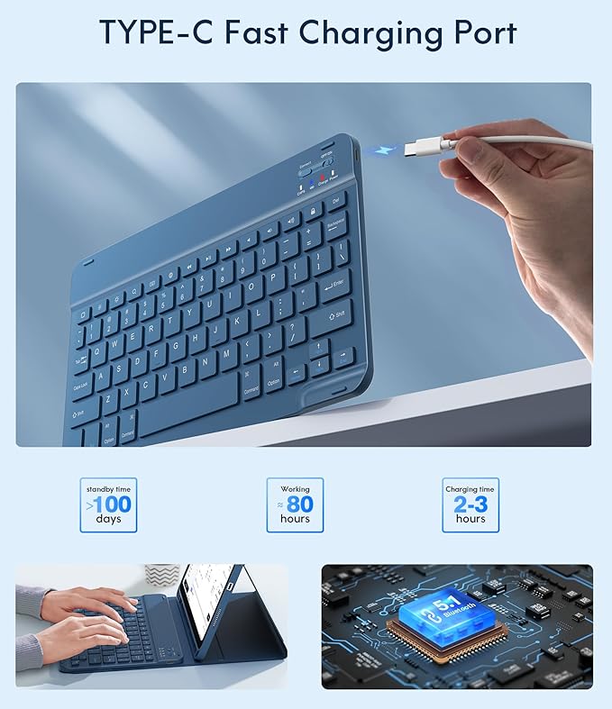 CHESONA Keyboard Case for iPad (A16) 11th/10th Generation (2025/2022), Detachable Wireless Keyboard, Stand Folio Keyboard Cover with Pencil Holder, Thin & Light (Steel Blue)