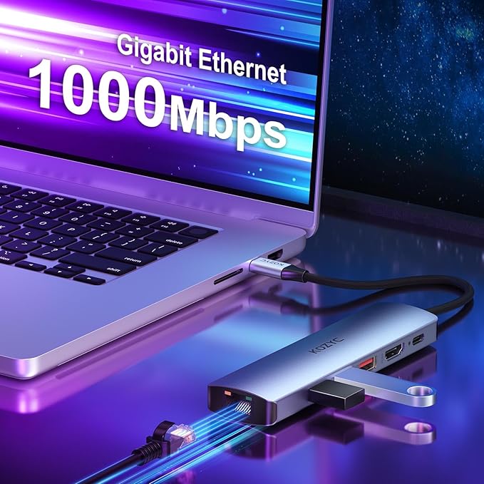 USB C Hub Ethernet, KOZYC 6-in-1 USB C Hub with 10Gbps, HDMI 4K 60Hz, 1Gbps Ethernet, 3xUSB-A 3.2, 100W PD Compatible with MacBook Air/Pro, XPS13/15, Dell