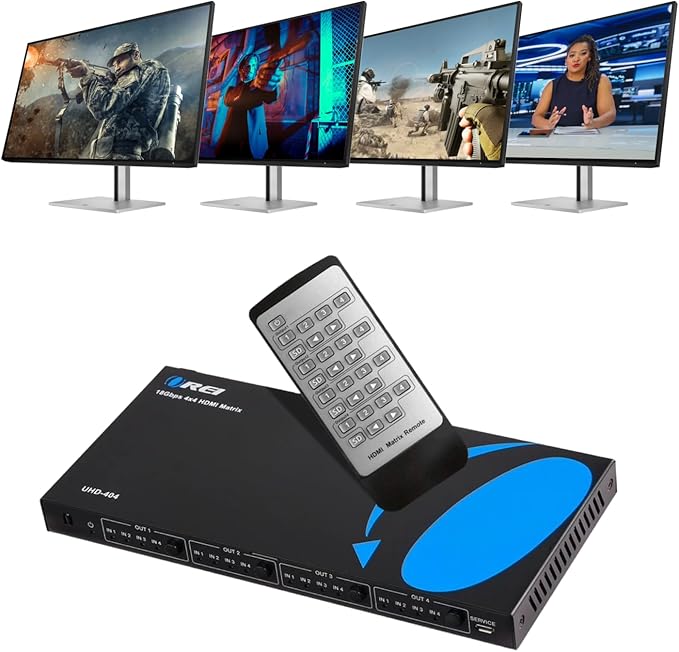 OREI 4x4 HDMI 4K Matrix Switch/Splitter, (4-Input, 4-Output) with Remote Control Supports UltraHD 4K@60Hz 4:4:4, HDR, YUV, HDMI 2.0, HDCP 2.2, 3D, 1080p, 18 GBPS - Downscaler (4K & 1080p Together)