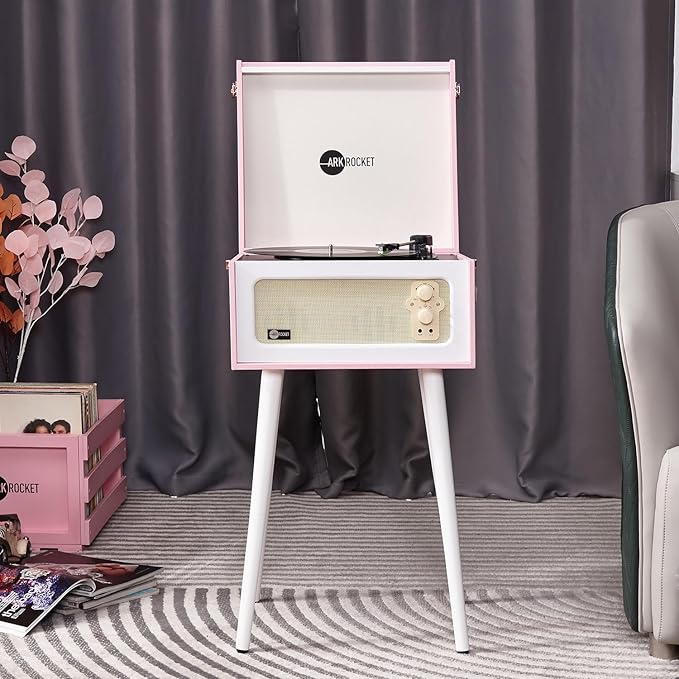 Arkrocket Discovery II 3-Speed Bluetooth Record Player Retro Console Turntable with Built-in Speakers and Removable Legs (Pink/White)