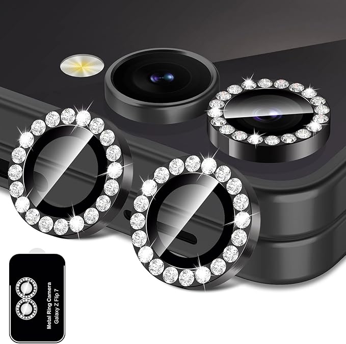 for Samsung Galaxy Z Flip 7 Camera Lens Protector, Individual Metal Ring Tempered Glass Lens Cover, [Strong Adsorption] Scratch Resistant Ultra-Thin HD Clear Lens Cover, 1 Set-Black Diamond