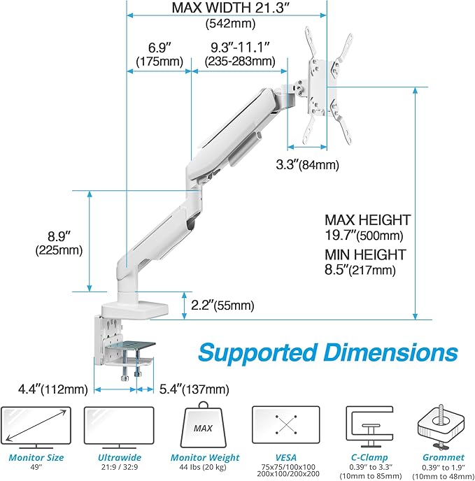 AVLT RGB Lights Single 17”-49” Gaming Monitor Arm Desk Mount, Fits One Flat/Curved/Ultrawide Screen up to 44lbs(20kg), Height Swivel Tilt Adjustable Stand - White