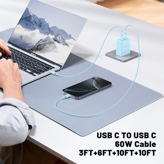 iPhone 16 15 Pro Max Charger Fast Charging,45W Dual Port USB C Fast Charger Block [2-Pack] & Extra Long 60W 3/6/10/10FT USB C Cable - PD Quick Adapter 3.0 for iPhone 16 15/16 15Pro/16 15 Plus.
