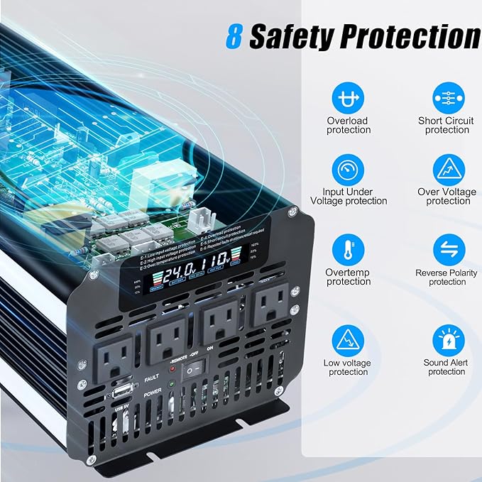 LVYUAN 4000 Watt Power Inverter 24V to 110V 120V for Vehicle, Solar Inverter System, Heavy Duty, RV, Truck, Off Grid,Camping with 4 AC Outlets, LCD Display, Wireless Remote Control, Car Power Inverter