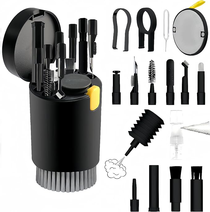 20-in-1 Laptop Phone Screen Earbud Cleaning Kit, Keyboard Cleaner Kit, Keyboard Cleaning Kit with Electronic Cleaning Brush Spray for Airpods Pro, iPad, iPhone Pro, Camera, Computer Cleaning (Black)