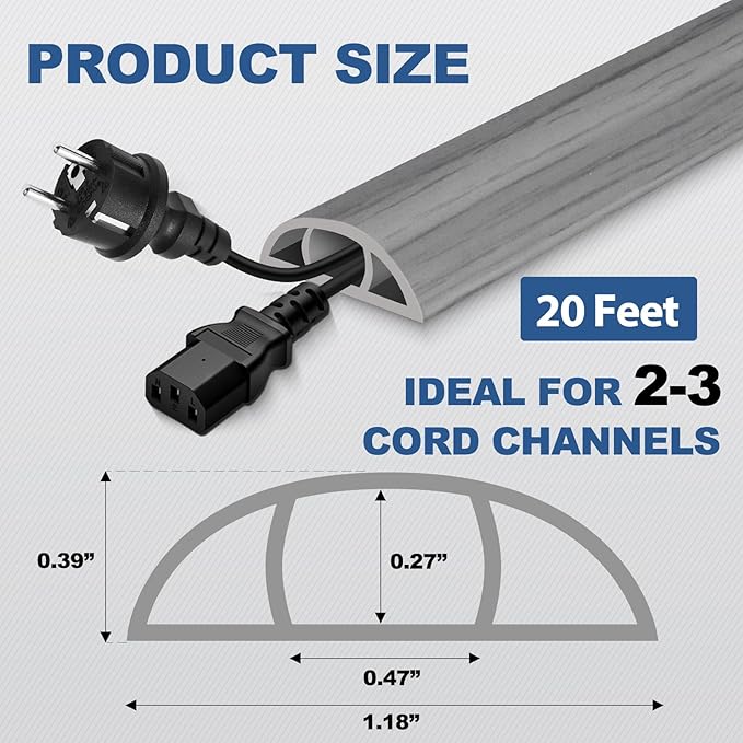 Floor Cord Cover for Wires on Floor Self Adhesive Cord Hider Floor Cable Management Wire Covers for Cords Protector Prevent Cable Trips Cord Cavity W 0.47" x H 0.27", Gray Wood, 20Ft
