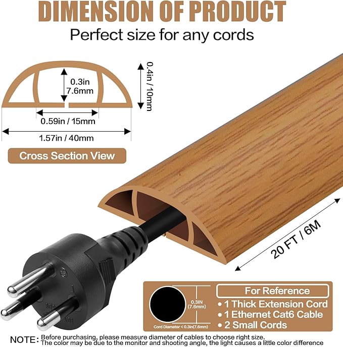 Floor Cord Cover Self Adhesive Cord Hider,20FT Cable Management, Extension Strip Protector for Wires, Prevent Cable Trips for Offices, Gyms, Exhibitions Cavity:0.51"(W) x 0.3"(H) Brown Wood