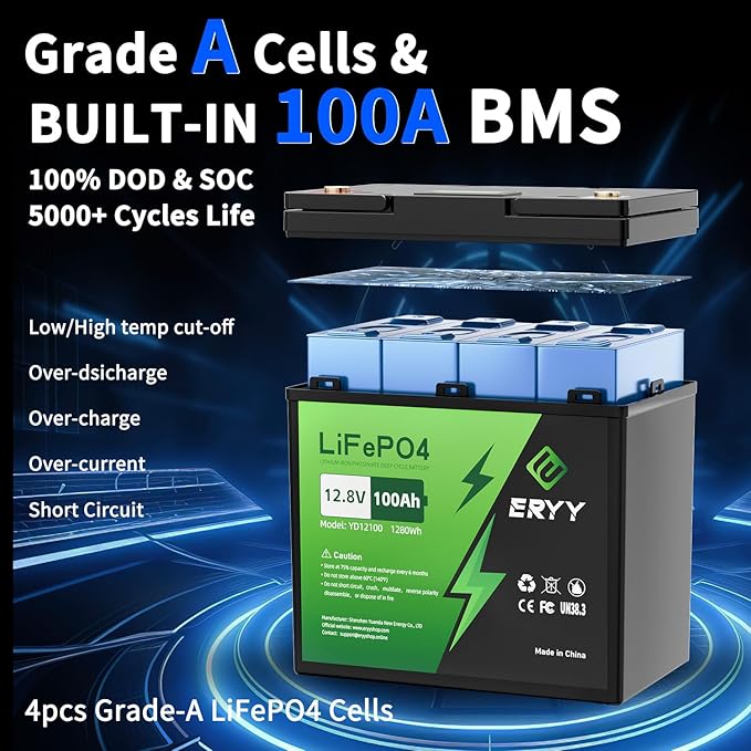 12V 100Ah LiFePO4 Battery, High Density 100Ah Lithium Battery 12v with 100A BMS, VoltMeter, 5000+ Rechargeable Deep Cycle Marine Battery for RV, Boat, Kayak, Trolling Motor, Golf Cart (Mini Size)