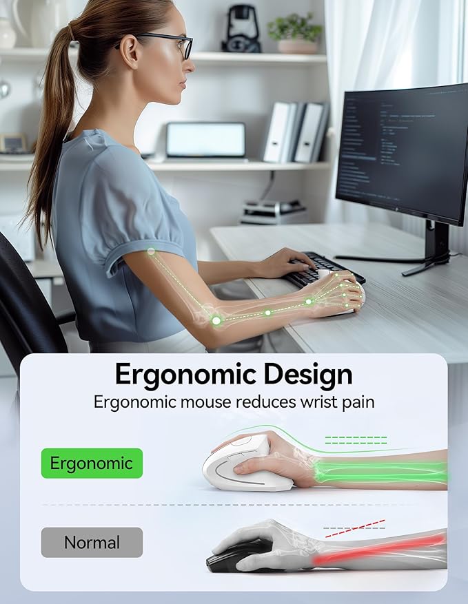 TECKNET Ergonomic Mouse Wireless, Rechargeable Mouse Wireless Silent for Carpal Tunnel Right Hand, 2.4GHz USB Vertical Mouse Wireless for Laptop, 5 Adjustable 4800 DPI, Computer, MacBook, Desktop