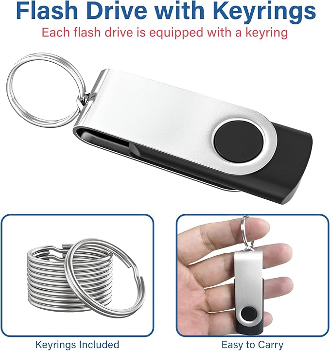 Flash Drives 128MB 20 Pack with Keychains, Swivel USB 2.0 Thumb Drives Bulk USB Drive Memory Stick USB Stick Pack (Black)