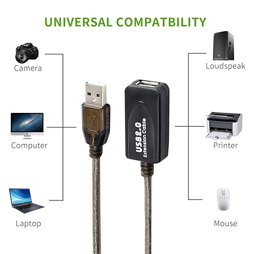 100 FT USB Extension Cable, USB 2.0 Type A Male to A Female Active Repeater Extension Cable 100ft, High Speed 480 Mbps