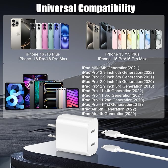 Fast iPhone 16 15 Charger,Dual Port USB C Charger Fast Charging Block,2Pack Quick USB C Apple Wall Power Adapter,6FT USBC to C Cable for iPhone 16 Pro Max/16 Pro/16 Plus/16e/15 Pro Max/15 Pro/iPad Pro
