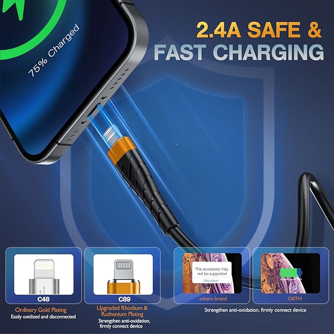 OIITH MFi Certified for iPhone Charger Cable 3 Pack 10 Ft, Extra Long for Lightning Charging Cord, Fast 2.4A for iPhone USB Cord Compatible with iPhone12/11/XS/Max/XR/X/8/8P/7P/6/iPad - Orange
