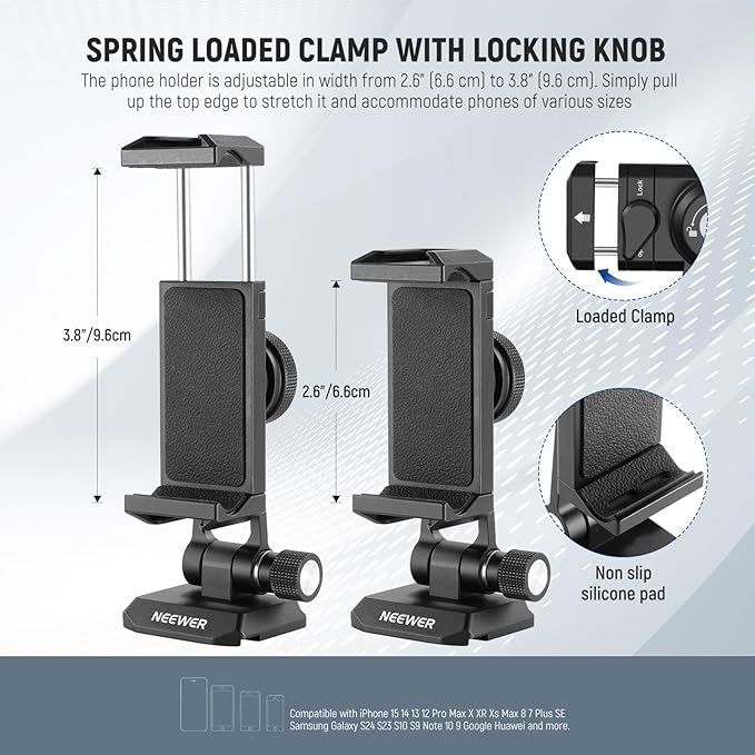 Neewer Phone Tripod Mount Adapter with Arca Type QR Base, Cold Shoe, 1/4" 3/8" Holes, 360° Swivel 180° Tilt, Phone Holder Compatible with iPhone Samsung Arca Swiss DJI RS 4 Pro 3 2 Stabilizer, SP-18
