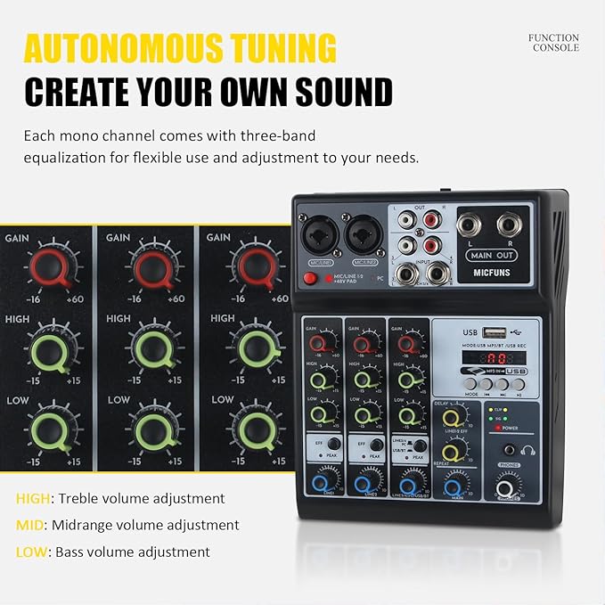 Mini audio audio mixers DJ mixer Sound Board Console System,4 Channel 48V Phantom Power with Bluetooth USB MP3 Stereo live DJ Studio Streaming for professional recording party KTV stage