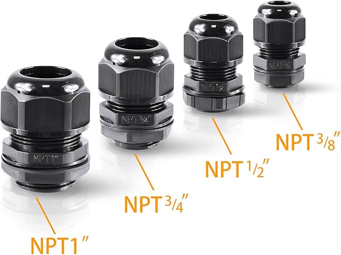 XHF IP68 Nylon Waterproof NPT Cable Glands Assortment 48pcs 1/4", 3/8'', 1/2'', 3/4'', 1'' UL Listed and RoHS Cord Grip Compliant Cable Strain Relief Black