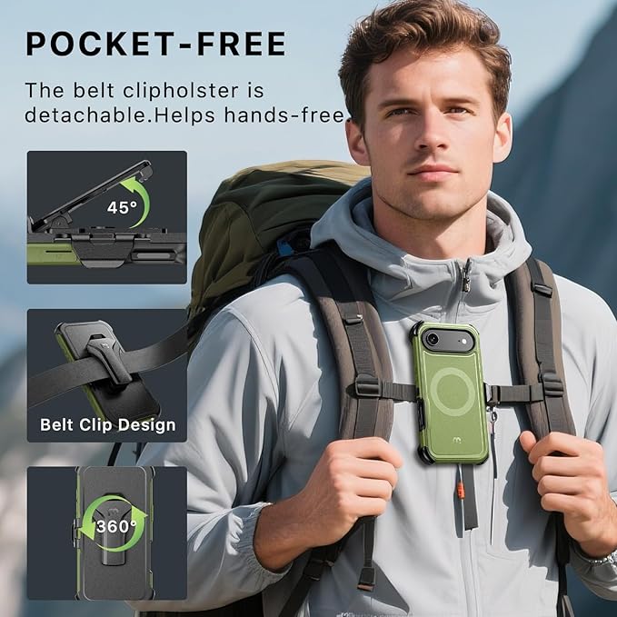 M MYBAT PRO for iPhone Air Case with Belt Clip Holster,[Compatible with Magsafe] w/Screen Protector,Anti-Drop,Shockproof,w 360°Rotating Kickstand,Heavy Duty Protection (Army Green)