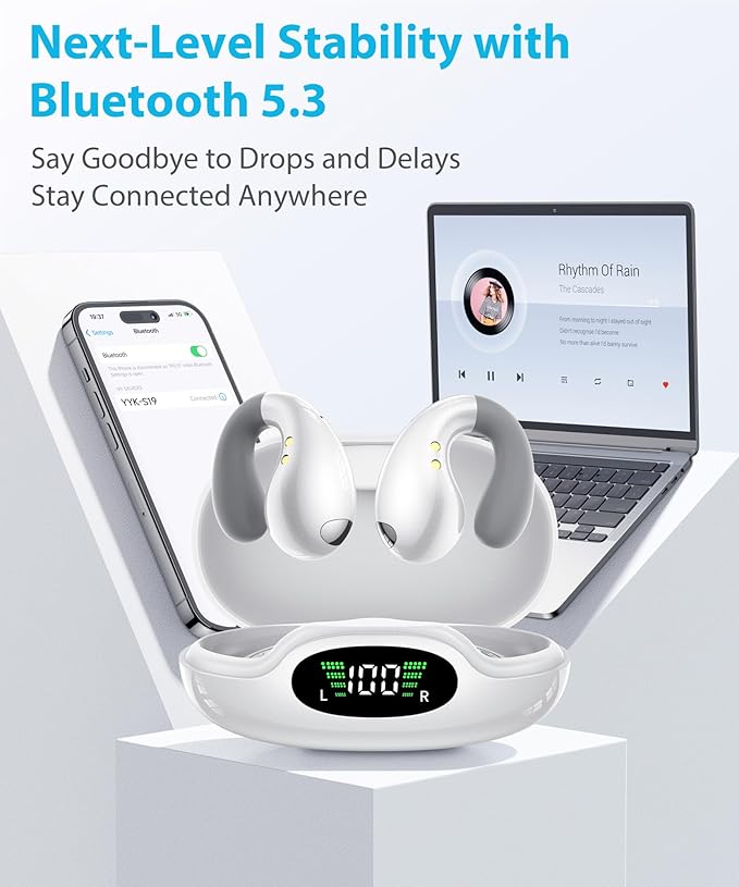 Ultra Open-Ear-Earbuds Wireless Bluetooth - Ergonomic Clip-On Earbuds, Bone Conduction Over-The-Ear Headphones with Waterproof Design and Secure Fit for Small Ears, Elegant White