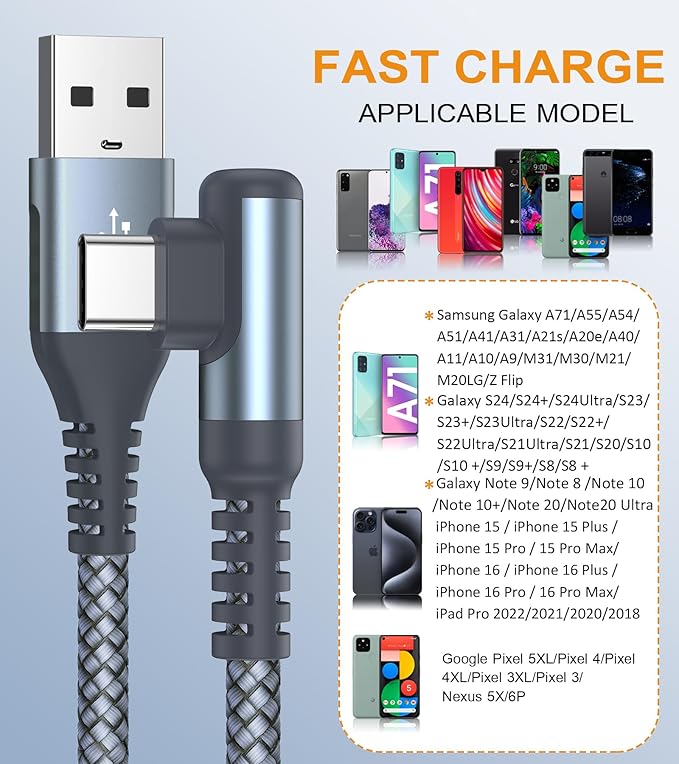 USB Type C Cable Right Angle [2-Pack, 6.6FT+20FT], USB Type C iPhone 16 Charger Cable Nylon Braided Cord for iPhone 15 16 Pro Max Plus, Samsung Galaxy S25 S24 S23 S22 S21 S10 S9 Note 20 10,Moto,PS5