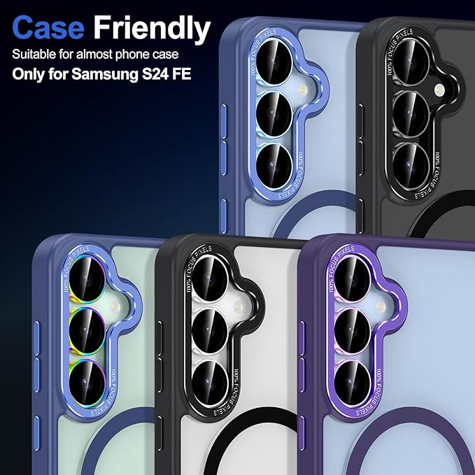 for Samsung Galaxy S24 FE Camera Lens Protector, Individual Metal Ring Tempered Glass Lens Cover, [Strong Adsorption] Scratch Resistant Ultra-Thin HD Clear Lens Cover, 1 Set-Black Ring