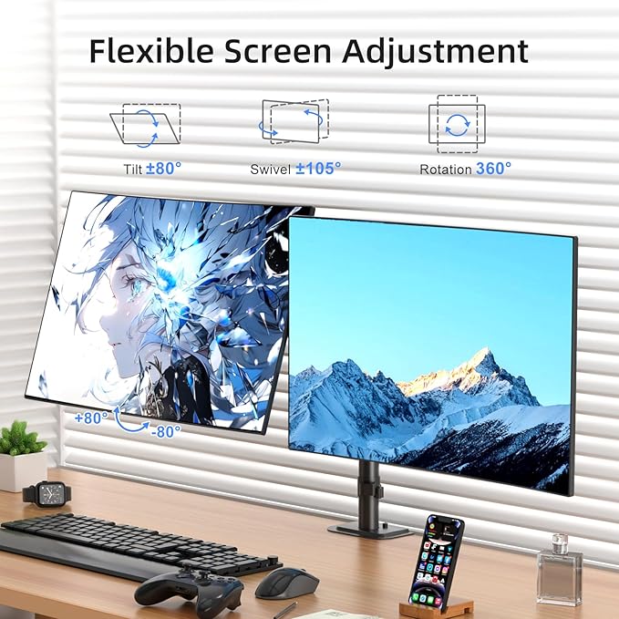 Suptek Dual Monitor Arm Desk Mount,Ultrawide Dual Monitor Arm for 2 Monitor Screens up to 38 inches and Max 22lbs Each,Extra Tall 15.75" Pole Fully Adjustable Monitor Stand for Desk,Black(MD9442MB)