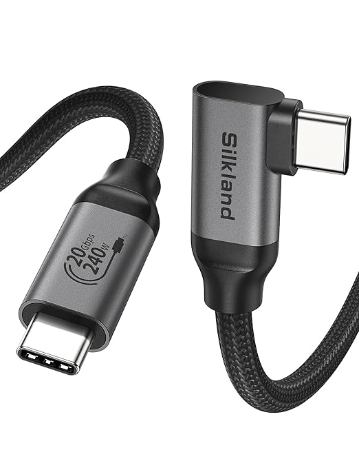 Silkland USB C Monitor Display Cable Right Angle 6.6FT/2M [5K/4K@60Hz 8K@30Hz], 90 Degree USB C 3.2 Gen 2x2 Video Cable, 20Gbps Data Transfer, 240W Fast PD Compatible for MacBook, iPad, iPhone 16