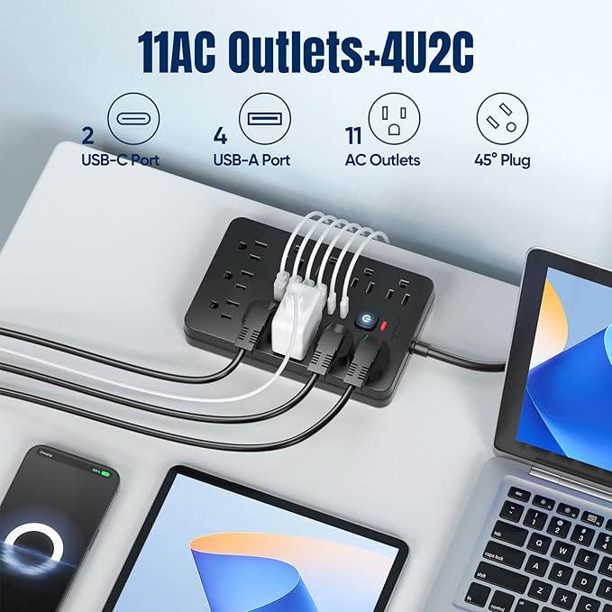 5 FT Flat Plug Surge Protector Power Strip,11 Multiple AC Outlets with 6 USB Ports (2 USB C), 5 Feet Extension Cord, 1250W/10A, One Touch Switch Button, 17 in 1 Compact powerstrip
