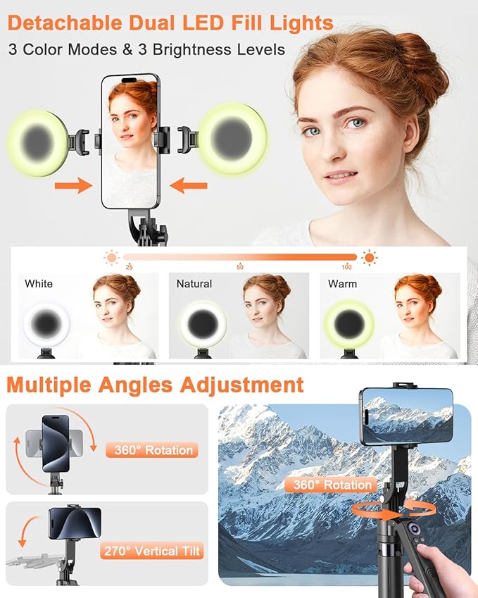 71” Auto Face Tracking Tripod for iPhone with Light,360° Rotating Phone Stand with Rechargeable Remote Control for TikTok Vlog Video Recording, Phone Tripod for Android Camera/GoPro/Ring Light