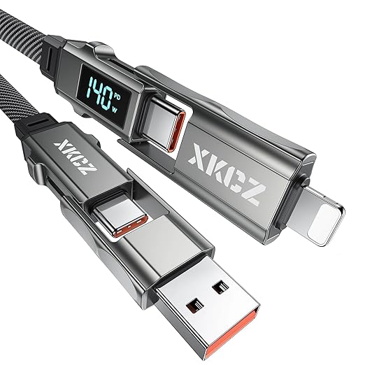 4 in 1 USB C Cable with Wattage Display, 140W Flat Nylon Braided Multi Charge Cable with Data Sync, USB C Charging Cord Combo Type C/USB A/L Port for iPhone/iPad/Samsung/Laptop, 3FT