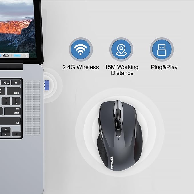TECKNET Wireless Mouse Rechargeable, 2.4G USB-A Silent Mouse, Quiet Click, 6 Adjustable 4800 DPI, Cordless Computer Mouse, Ergonomic Mouse for Laptop, 6 Buttons Mouse for Chromebook, Ergo Grip