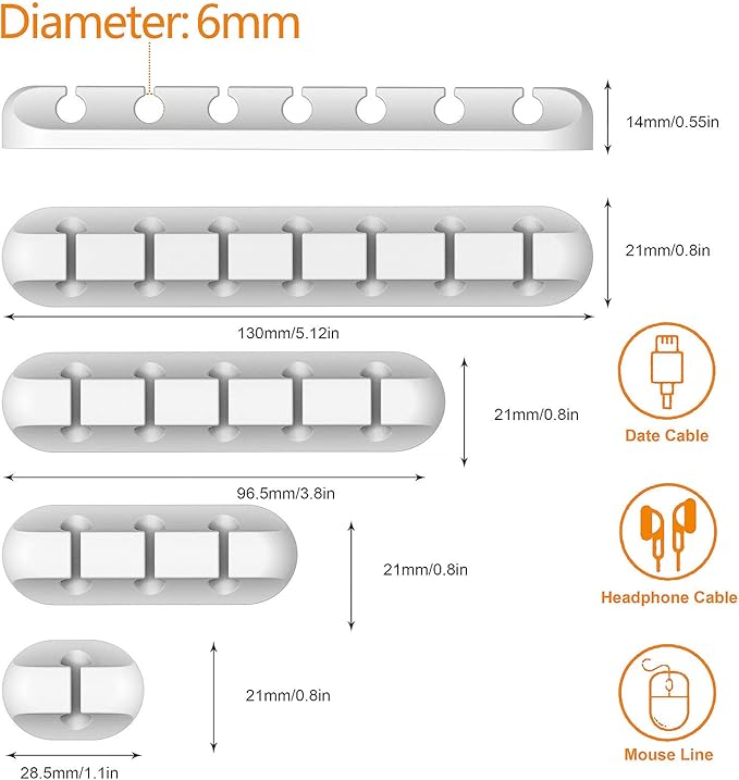 Cord Organizer Cable Holder Management – 5 Pack White Cable Clips Cord Holder for Nightstand, Desk, Car | Adhesive Cable Organizer Wire Holders for Cords, Charger, Office, Desk