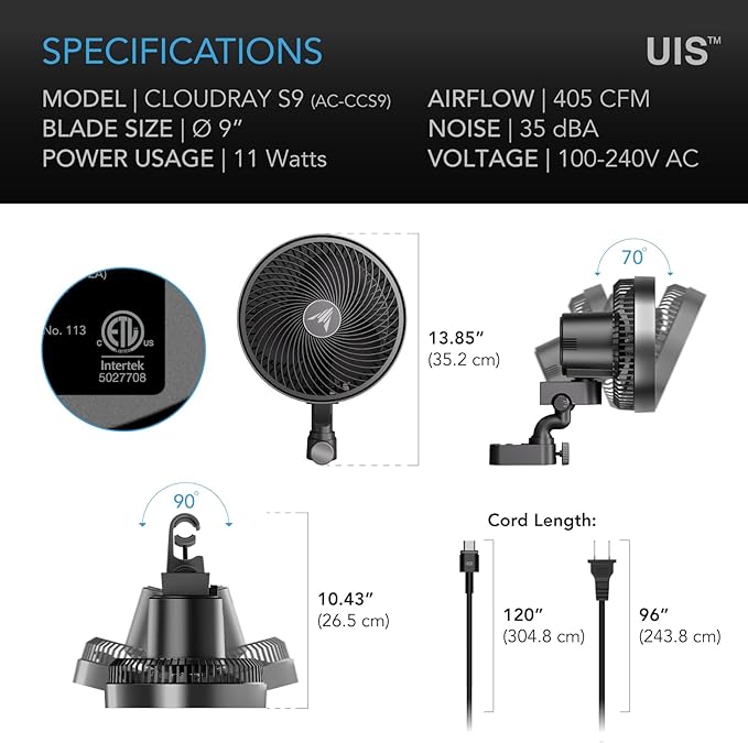 AC Infinity CLOUDRAY S9, Grow Tent Clip Fan 9” with Redesigned Long-Life EC Motor, Custom 10 Dynamic Wind Speeds and 10-Level Oscillation, Weatherproof IP-54, for Hydroponics Circulation Cooling