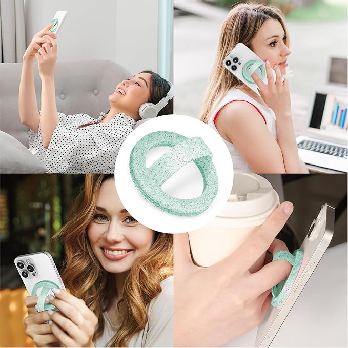 Magnetic Silicone Ring Grip Phone Holder, Loop Grip Phone Holder,Magnetic Phone Loop,Magsafe Phone Grip,Compatible with Magsafe for iPhone 16/15/14/13/12 Series (Green Sparkle)