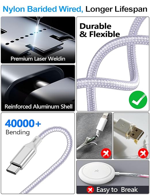 4-in-2 Charging Cable for Apple Watch Charger/Samsung/iPhone Charger,Car/Office/Camping/Travel Essentials,Type C Cable Multi Cord for iWatch Ultra/10-2/iPhone 16-11/Samsung S25-S20,iPad,airPods-Purple