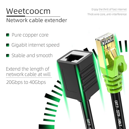 Ethernet Extension Cable 10ft, Network Cat6a Extension Patch Cable RJ45 Cords Shielded Male to Female Connector (10FT)