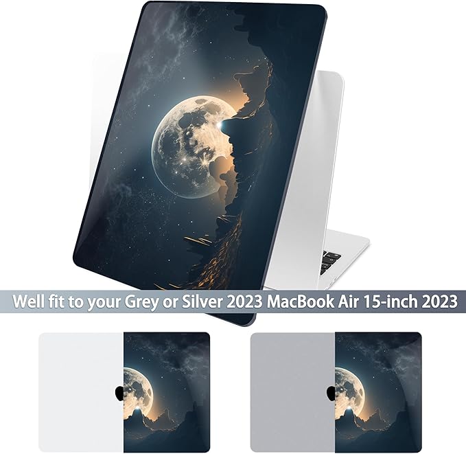 Batianda Premium Case for New MacBook Air 15 inch 2025 2024 2023 with M4 M3 M2 Chip, Designed Black Protective Plastic Hardshell & Keyboard Cover & Screen Protector, Moon in Sky