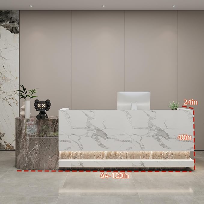 Front Desk Reception Counter - Lockable Storage & Keyboard Tray | Reception Desk with Counter, Customizable Large Counter Table (Grey+White, 116'')